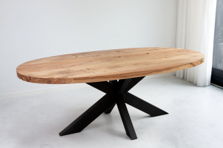 Tafel van Olijf hout met zwart eiken kruispoot Tafel van Olijf hout met zwart eiken kruispoot